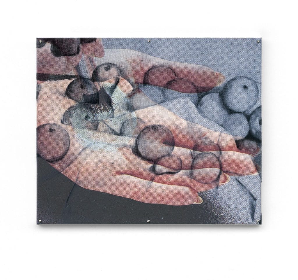 Manor Grunewald, random image composition, #20, 50x60cm, UVprint, plexiglas, canvas, inox, wood, 2023
