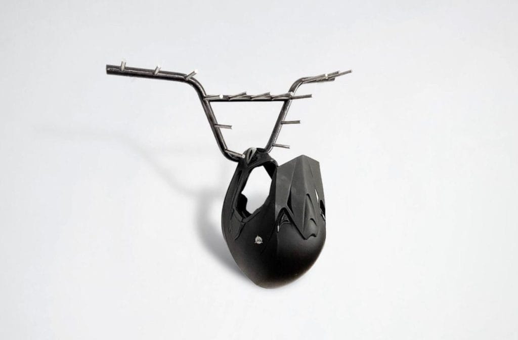 Camille Rouzaud, Handlebar III, bmx handlebar, metal, dirt bike helmet, 2024